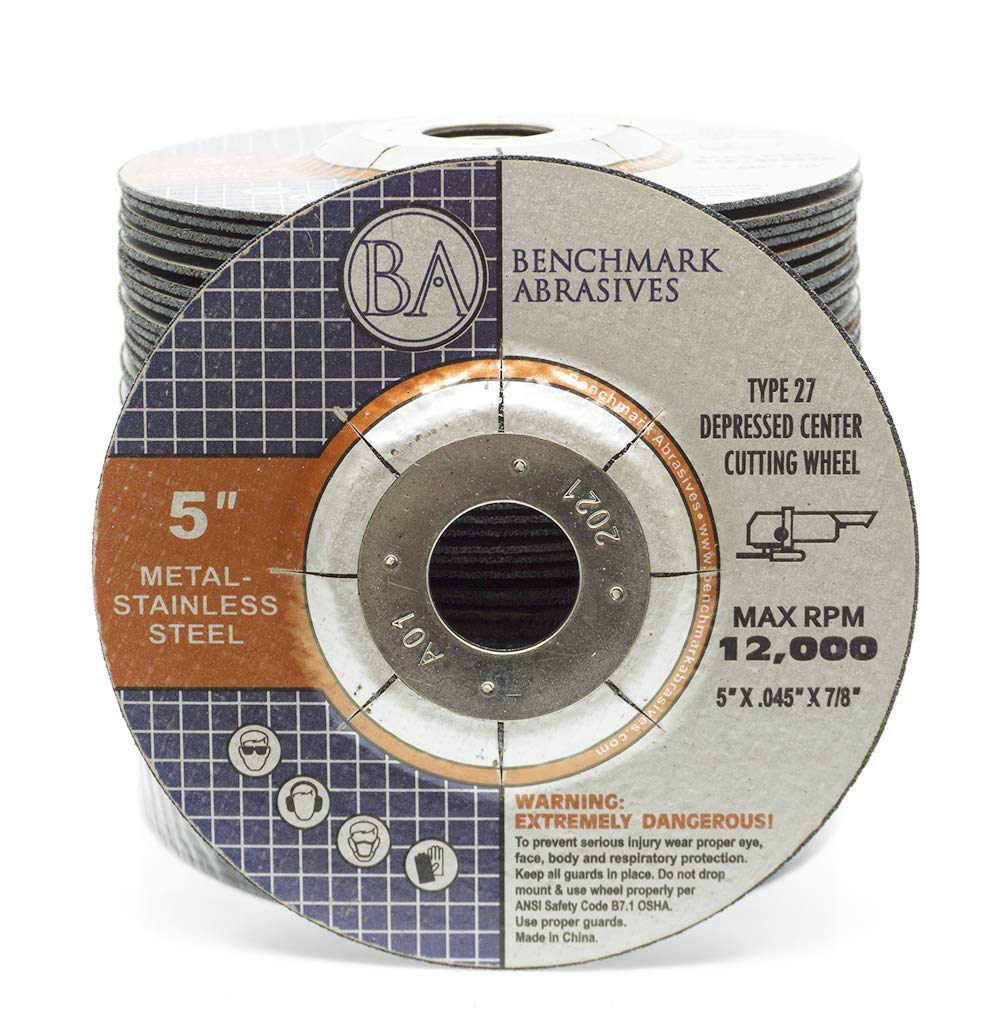 Benchmark Abrasives 5 Inch Cut Off Wheels for Metal, Steel, Fiberglass - Thin Type 27 Depressed Center Angle Grinder Cutting Disc with 7/8" Arbor Hole, Grinder Cutting Wheel - 25 Pack