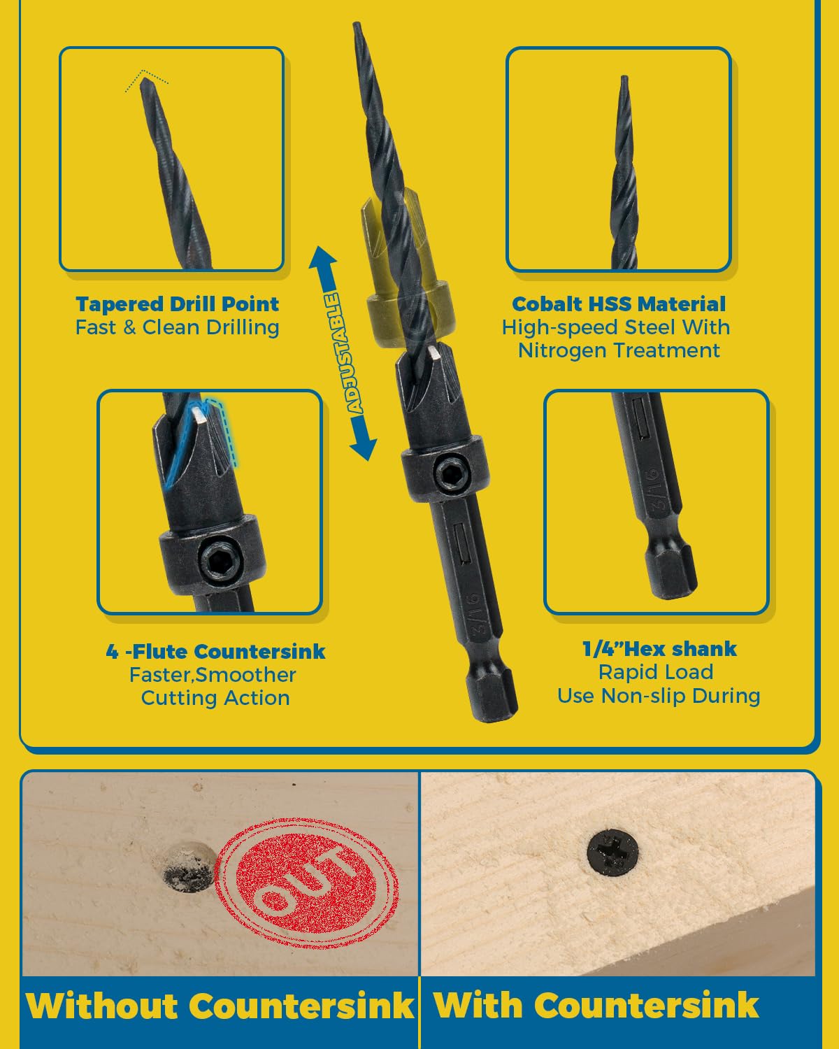 Countersink Drill Bit Set, 16PCS Tapered Bits with Plug Cutters