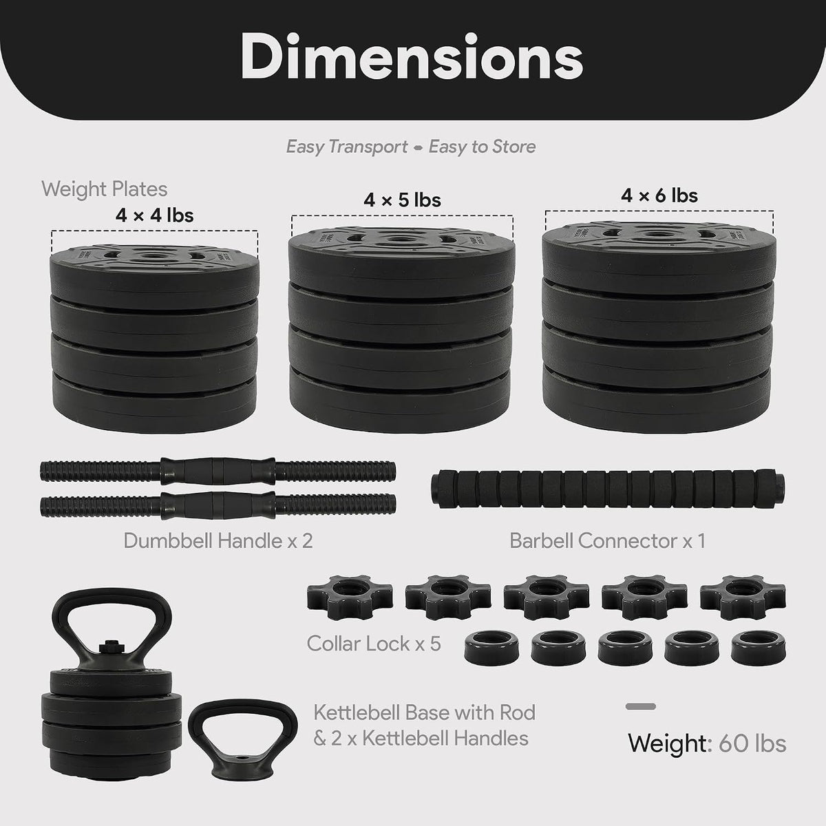Adjustable Dumbbells, 60lbs Free Weight Set with Connector, Multiple Function Dumbbells Set Barbell, Kettlebells