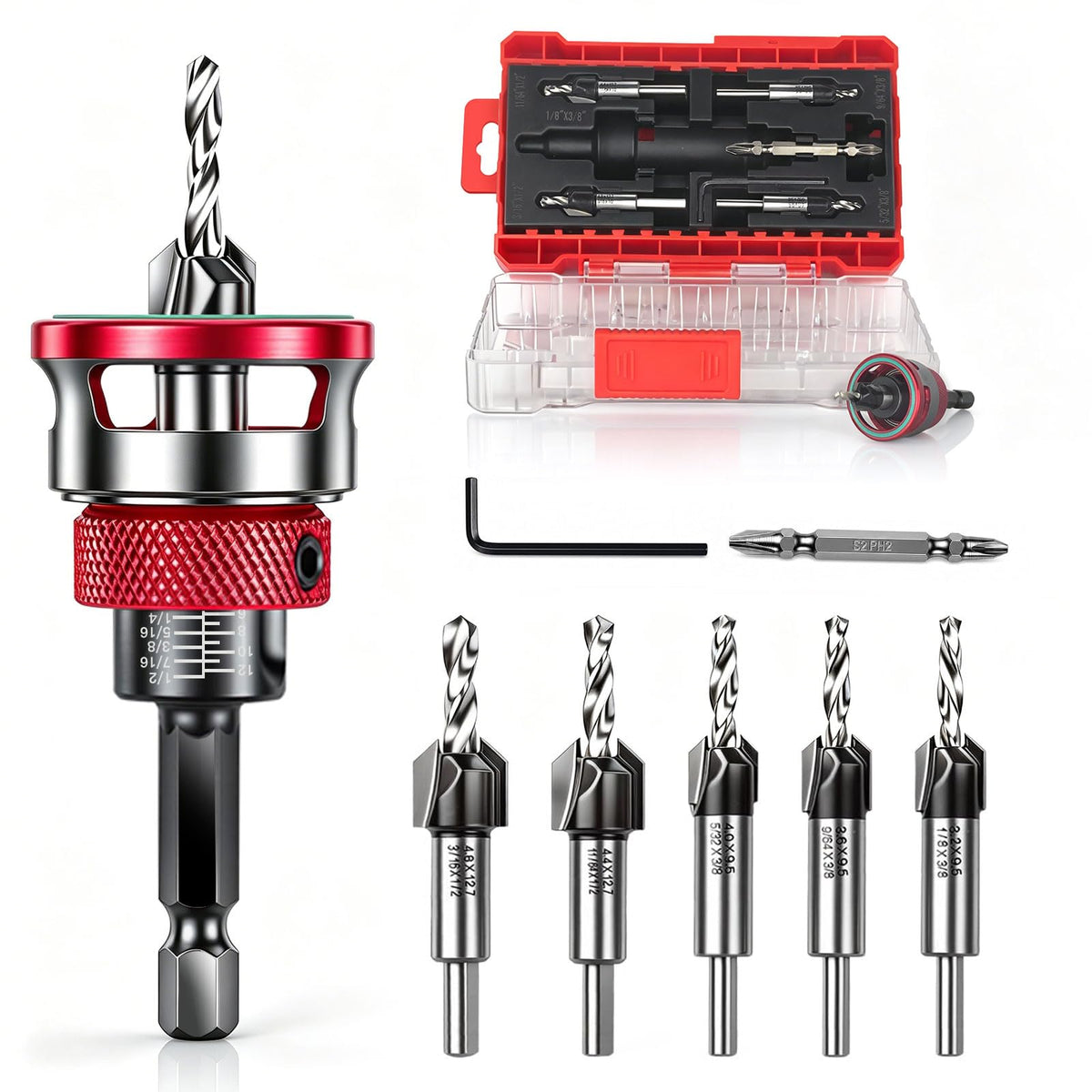 Faoyoon 9PCS Countersink Drill Bit Set with Adjustable Depth Stop Collar