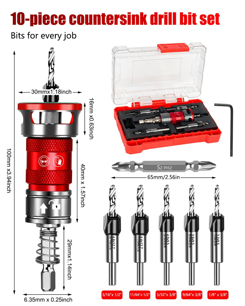 Upgrade 10PCS Countersink Drill Bit Set with Adjustable Depth Stopper
