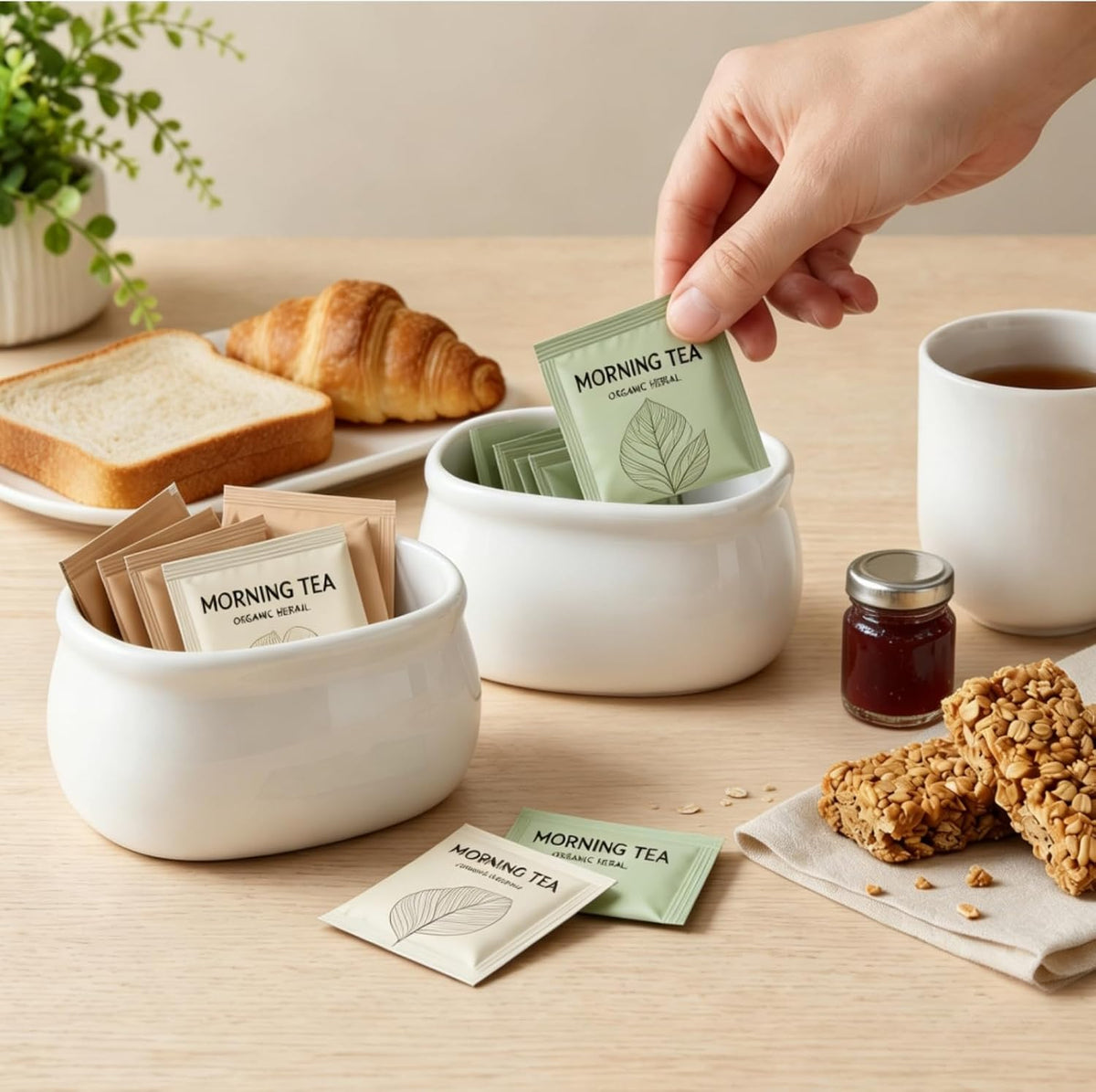Set of 6 Sugar Packet Holder, Ceramic Sugar Caddy for Sweetener, Classic Restaurant White Tea Bag Organizer Bowl