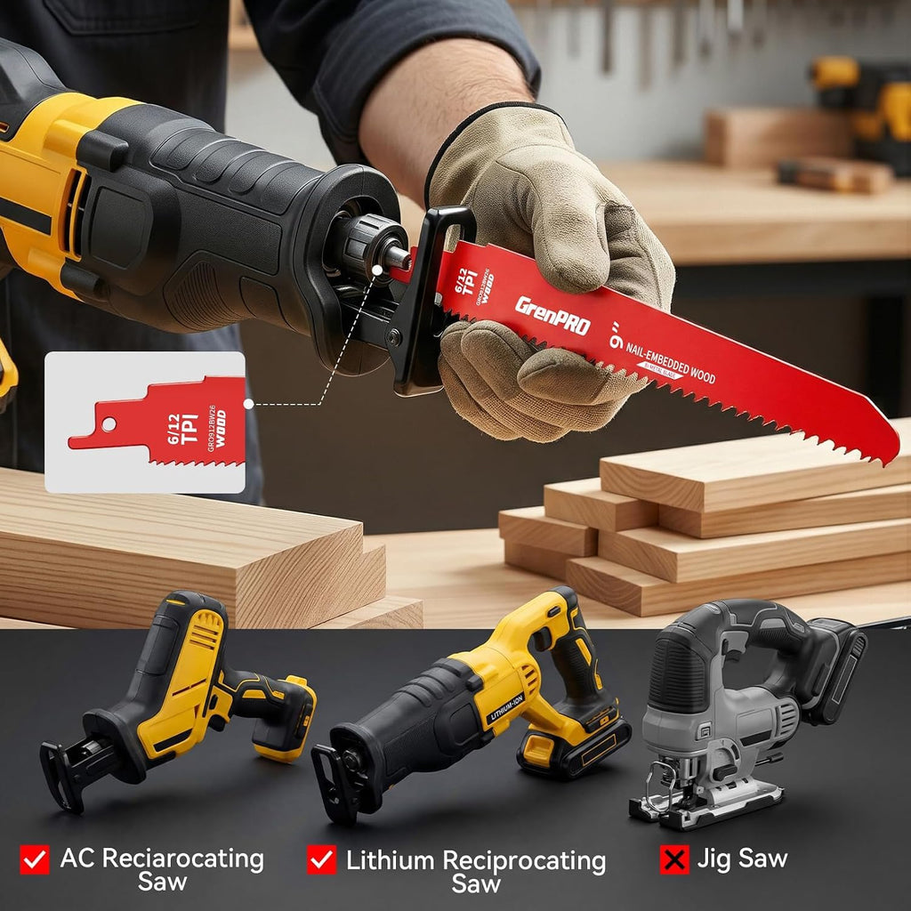 GRENPRO 26Pcs 9 Inch 6/12 TPI Reciprocating Saw Blades for Wood with Nails
