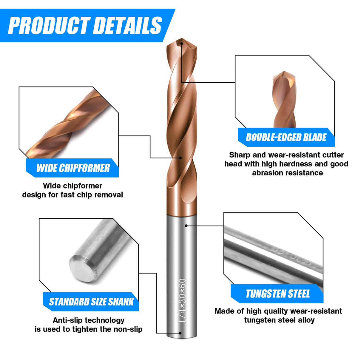 Solid Carbide 3/16" Drill Bits, Tungsten Carbide Drill Bit Set with TISIN Coated, Metal Drill Bit Set for Stainless Steel Hardened Steel Cast Iron Alloy Copper, 2 Pcs