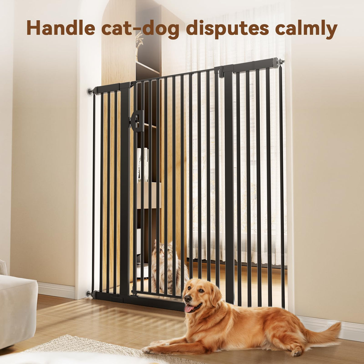 57" x 29.5-43" Wide Extra-Tall Full-Height Anti-Jump Cat & Pet Safety Gate with No-Drill Pressure Mount & Auto-Close Walk-Through Door