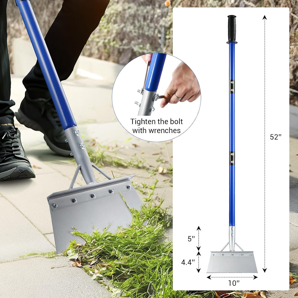 Heavy Duty Snow Shovel with 52" Adjustable Handle - Multifunctional Ice Scraper & Garden Tool, Steel Blade for Snow