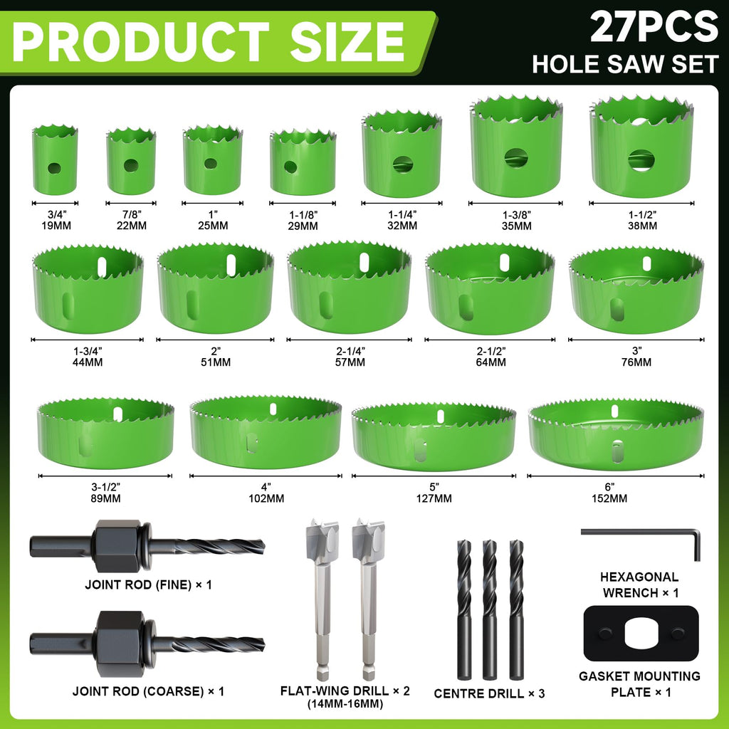 METOTY 27 Piece Hole Saw Set - High Carbon Steel 19-152mm (3/4" to 6") Blades for Drywall, Softwood, Plastic, and PVC; Professional Grade with Instant Support