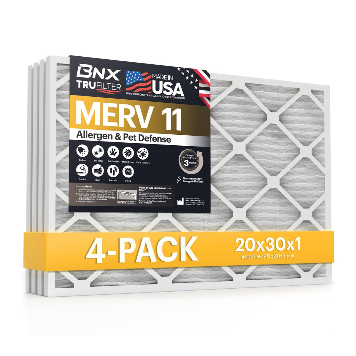 TruFilter 20x30x1 Air Filter MERV 11 (4-Pack) - MADE IN USA - Allergen Defense Electrostatic Pleated Air Conditioner