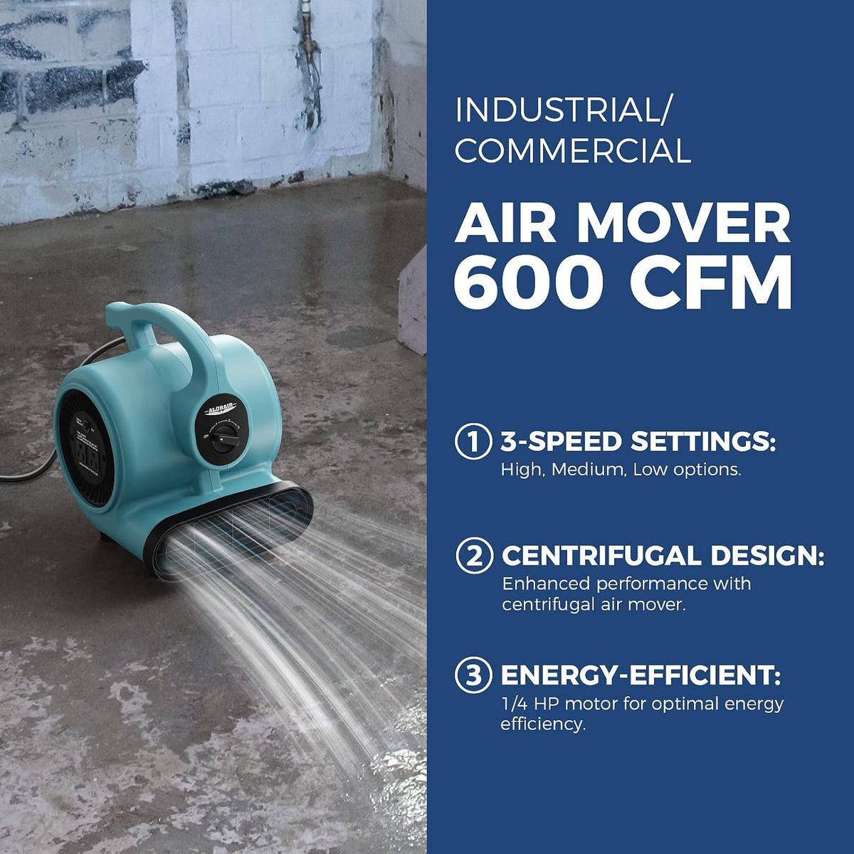 3 Speed Air Mover Blower Fan 115W 600CFM Utility Floor Fan - Blue | Centrifugal Blower Fan with 5-Angle Airflow