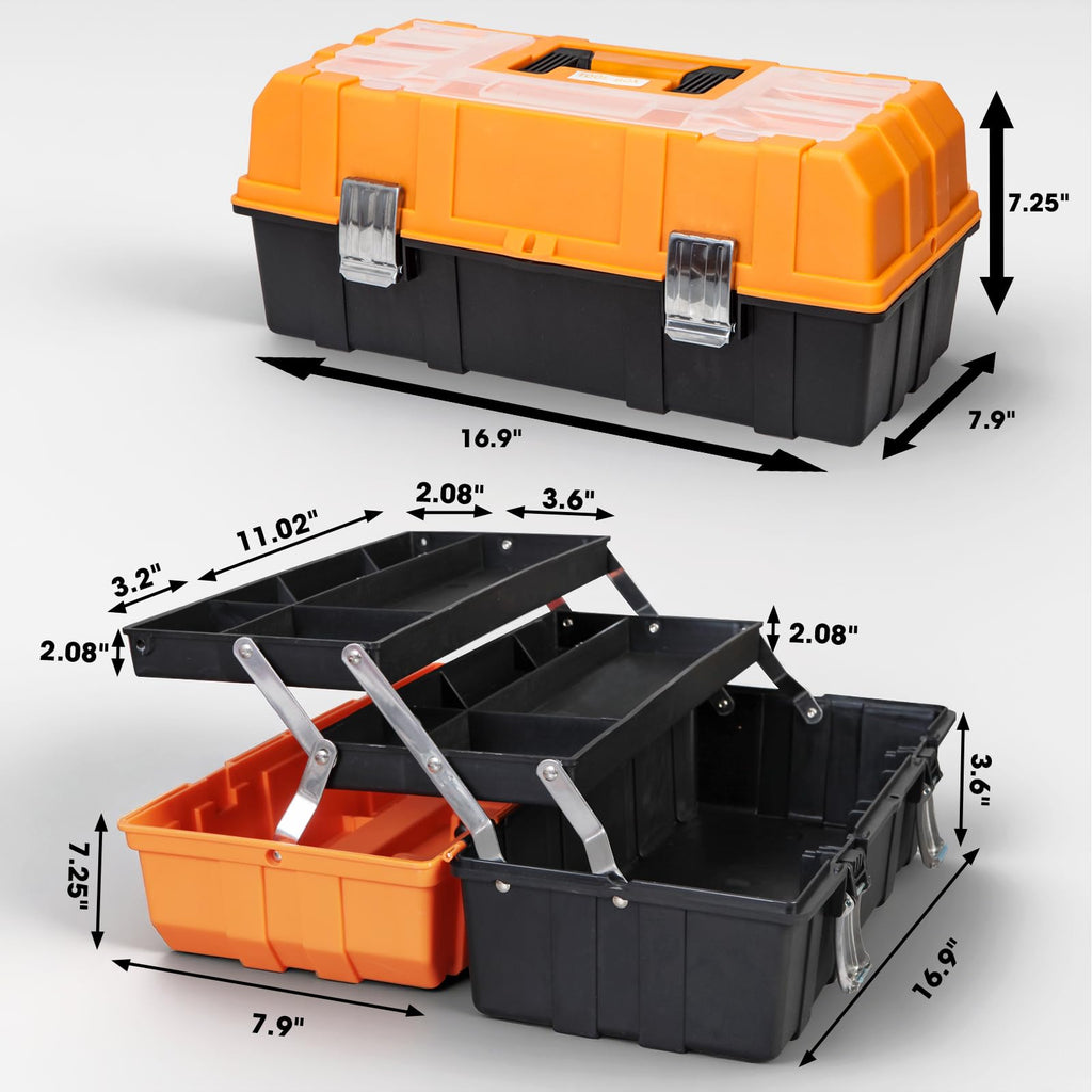 17-Inch Plastic Tool Box,3-Tiers Multi-Function Storage Portable Toolbox Organizer, Black/Orange ATRJH-3430T