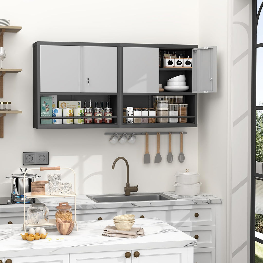 Locking Metal Wall Mounted Garage Storage Cabinet with Doors and Shelves