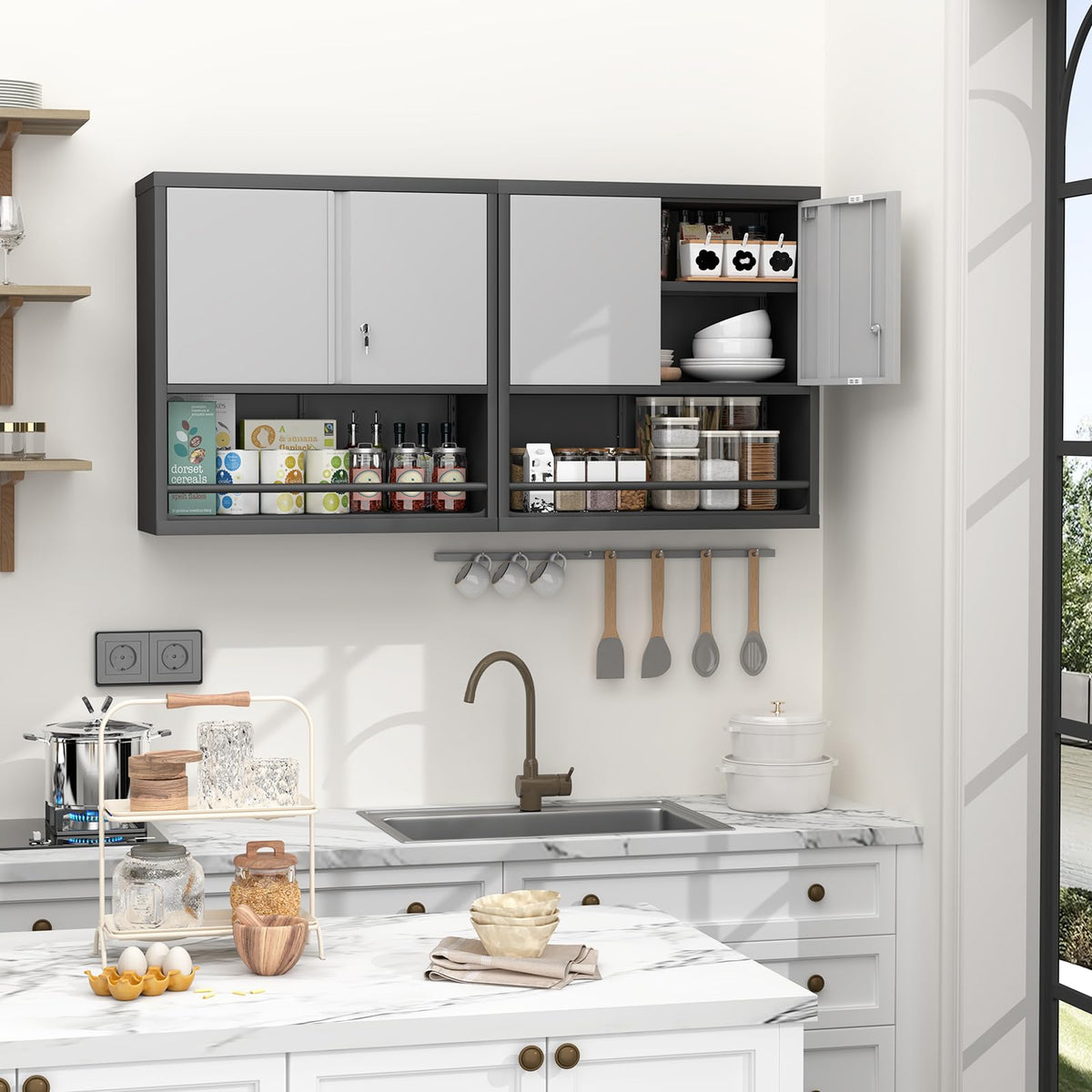 Locking Metal Wall Mounted Garage Storage Cabinet with Doors and Shelves