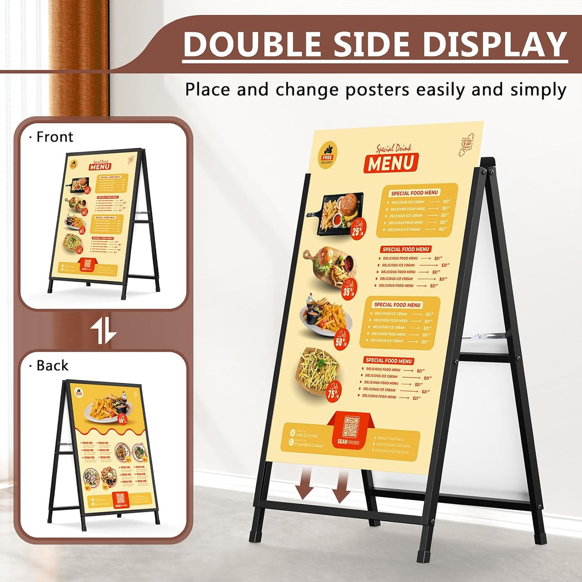 A Frame Sign 24x36 Inch Sandwich Board, Heavy Duty Double-Sided Folding Sidewalk Signboard, Slide-in Steel Metal