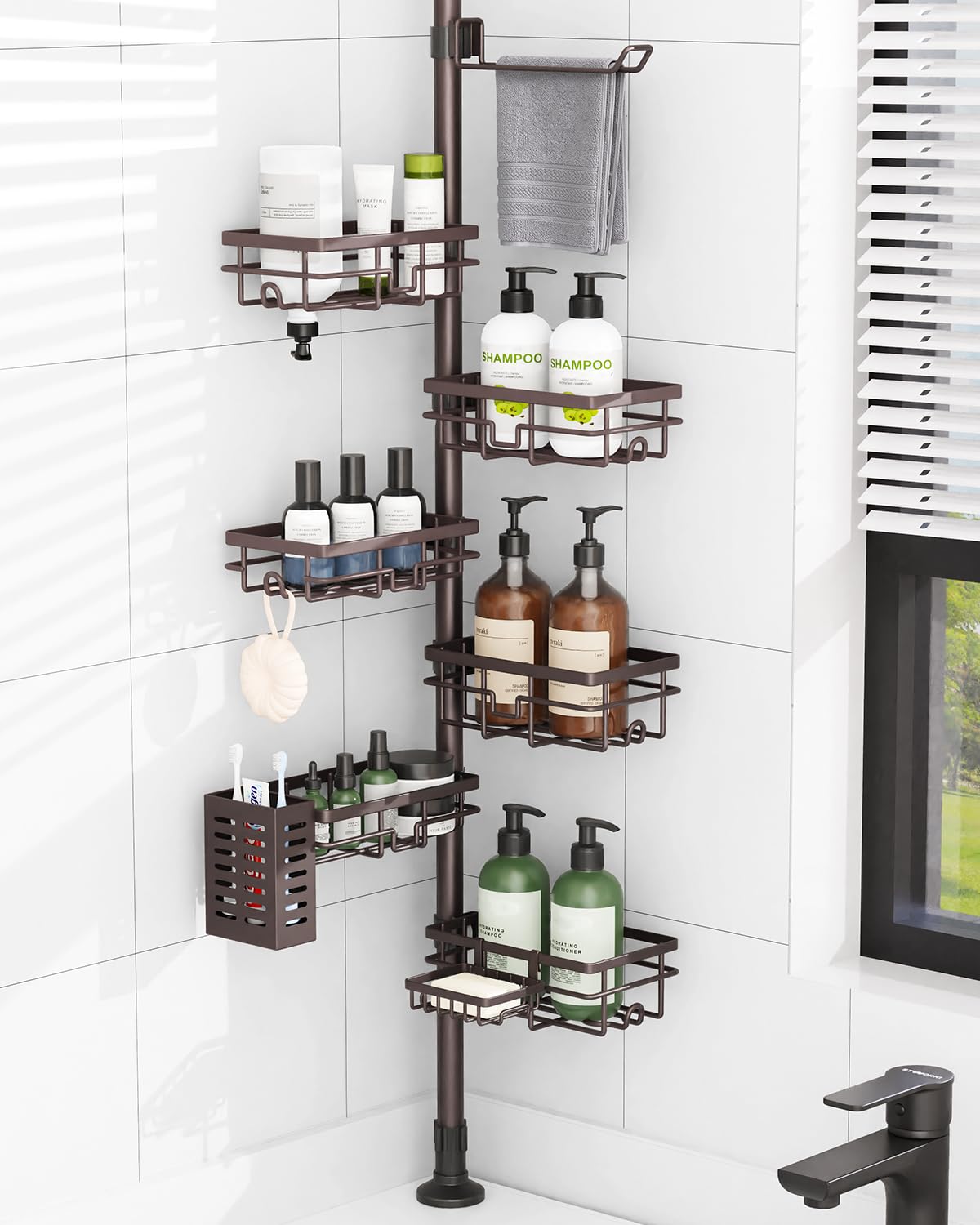 Corner Shower Caddy Tension Pole, Bathroom Organizer and Storage for Shower