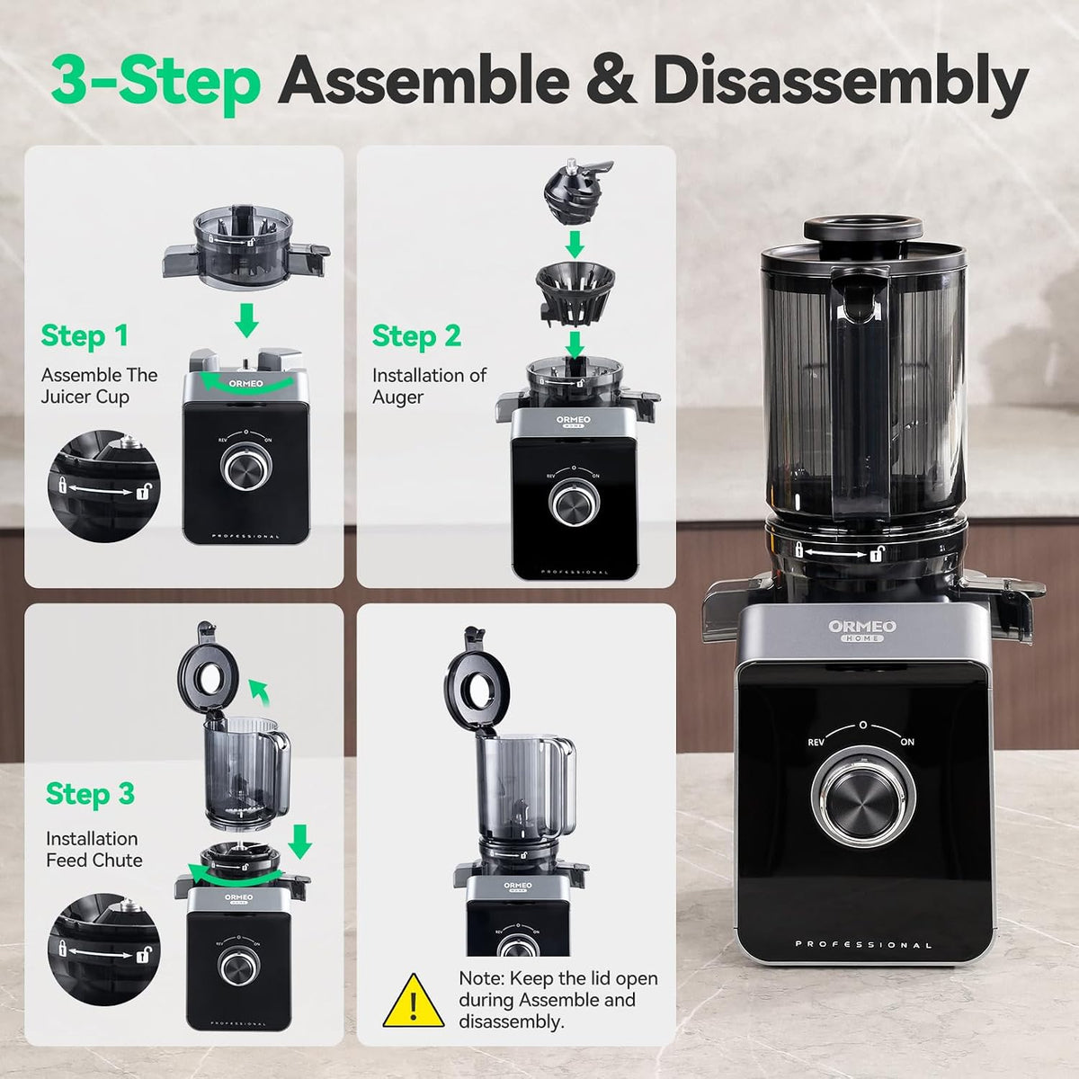 Cold Press Juicer, ORMEO HOME Masticating Juicer Machines with 5.0"Large Feed Chute Fit Whole Vegetables & Fruits