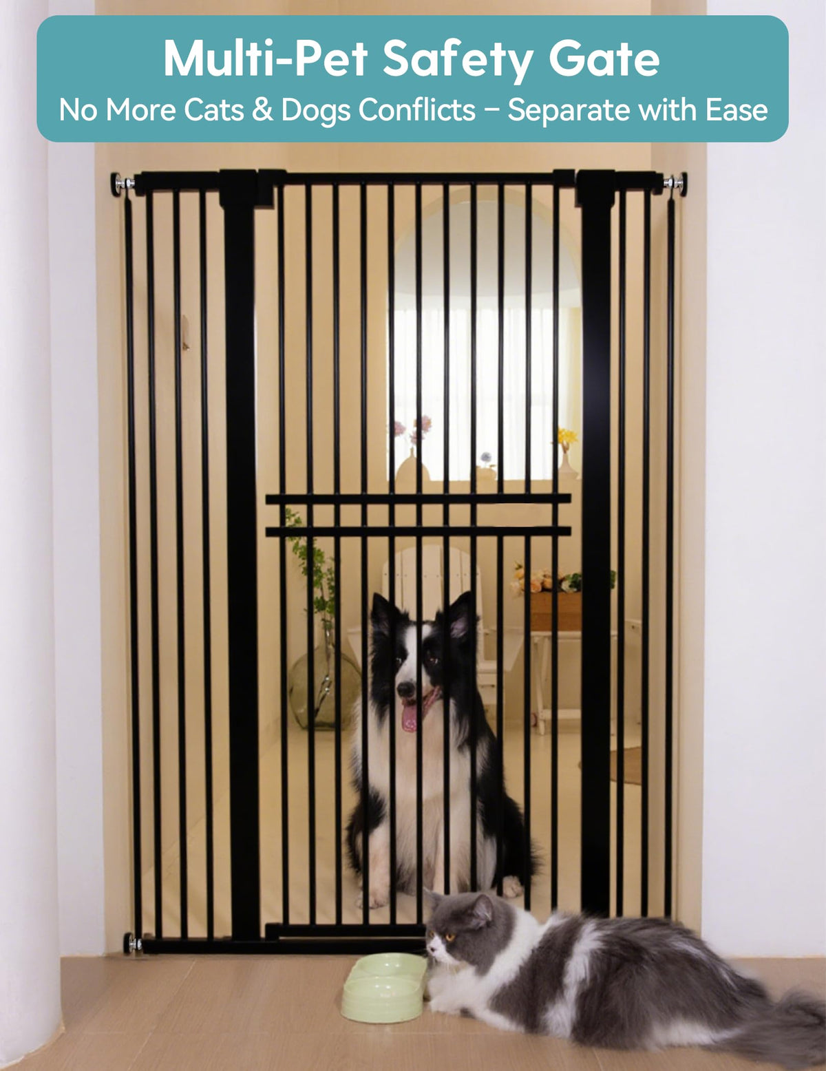 55" x 29-40" Wide Extra-Tall & Extra-Wide Adjustable Hardware/Pressure-Mounted Pet & Child Safety Gate with Dual-Lock Walk-Through Swing Door for Stairs, Hallways & Wide Doorways — Black