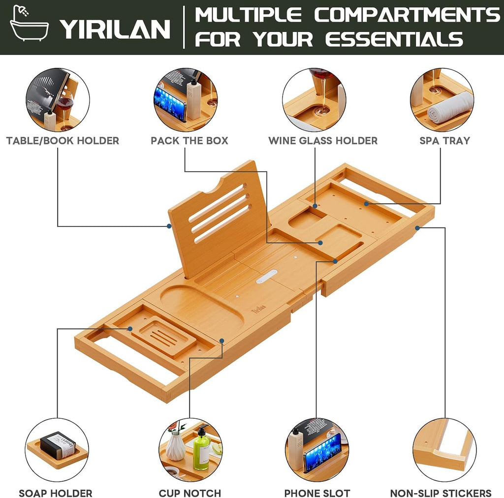 Bamboo Bath Tray, Foldable Premium Bath Caddy, Adjustable Bath Board with Book Rest, Extendable Wooden Tray Bath