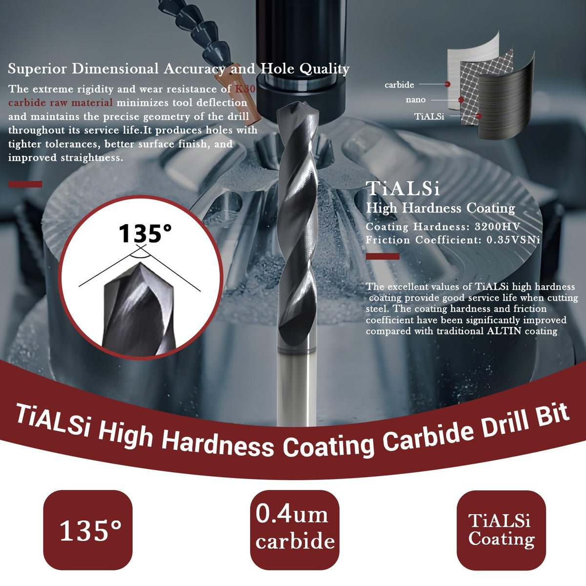 3/8 Tungsten Solid Carbide Drill Bit for Hardened Steel Stainless Steel Hot Working Steel Metal CNC Carbide Twist Drill Bits 135° Point Angle