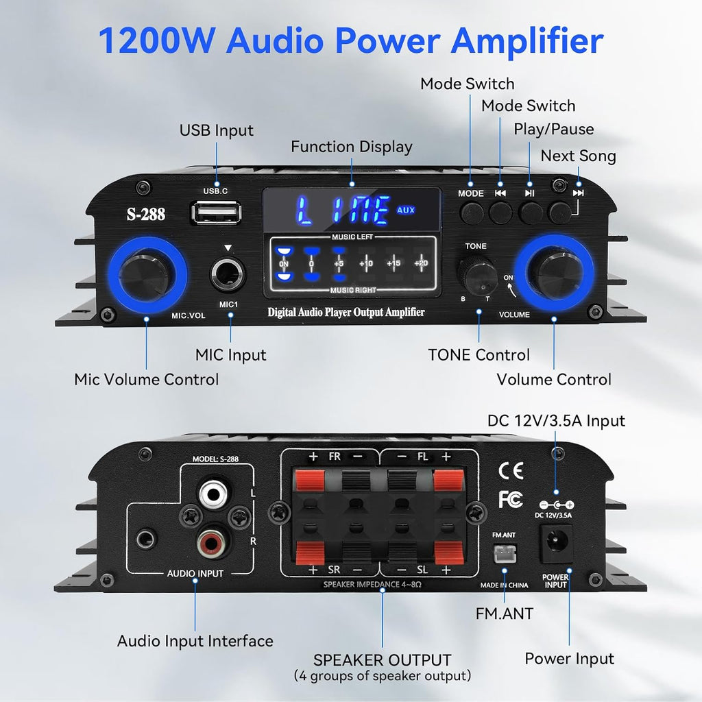 4 Channel Stereo Receivers Audio Home Amplifier Bluetooth 5.0, RMS 50Wx4 Max 1200W HiFi Power Amplifier, USB/SD/FM