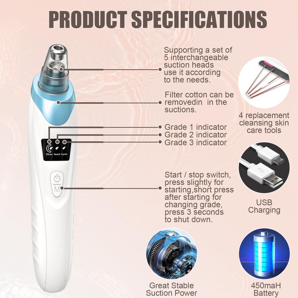 Blackhead Remover Pore Vacuum,Facial Pore Cleaner Blackhead Vacuum (Blue)