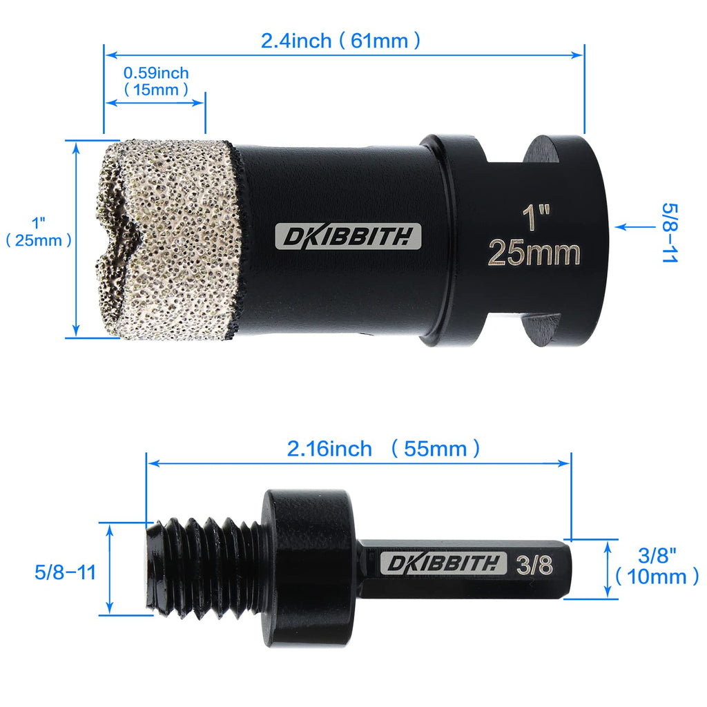 DKIBBITH 1 Inch Dry Diamond Core Drill Bits, 25mm Tile Vacuum Brazed Angle Grinder Hole Saw for Porcelain Ceramic Granite Brick Concrete with 5/8-11 Thread to 3/8” Hex Shank Adapter, Black