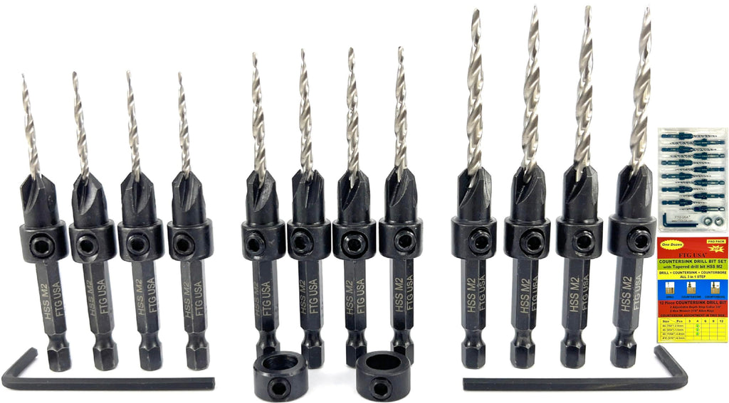 FTG USA Countersink Drill Bit Set #4, #6, #8 (4 Pc Each) Tapered Drill Bits