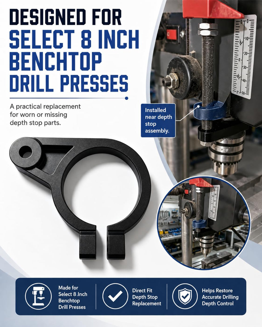Drill Press Depth Stop Replacement, 8 in Compatible with Central Machinery