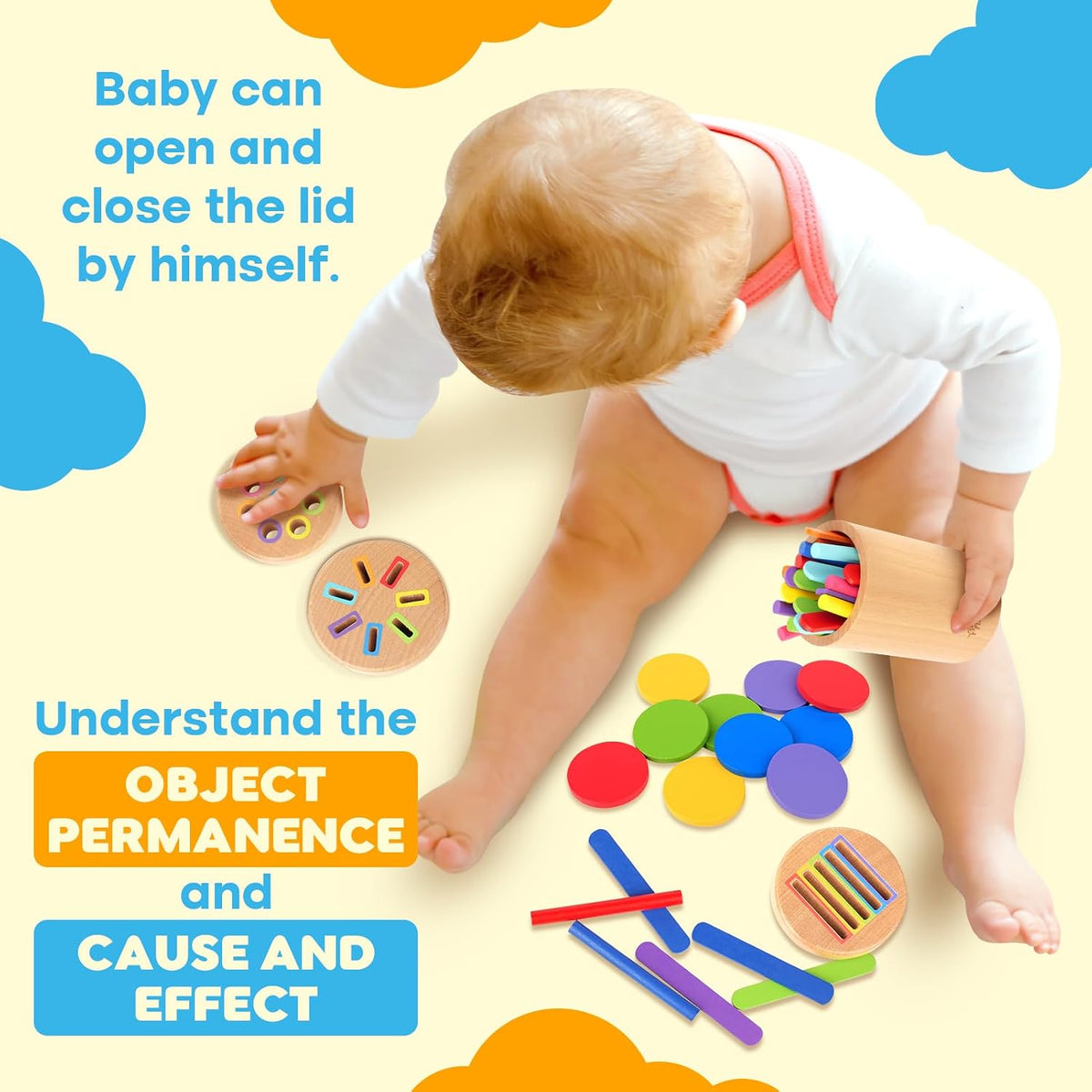 Wooden Montessori Baby Toddler Toys 3in 1 Learning Fine Motor Preschool Toy | Educational Color Sorting and Cause and