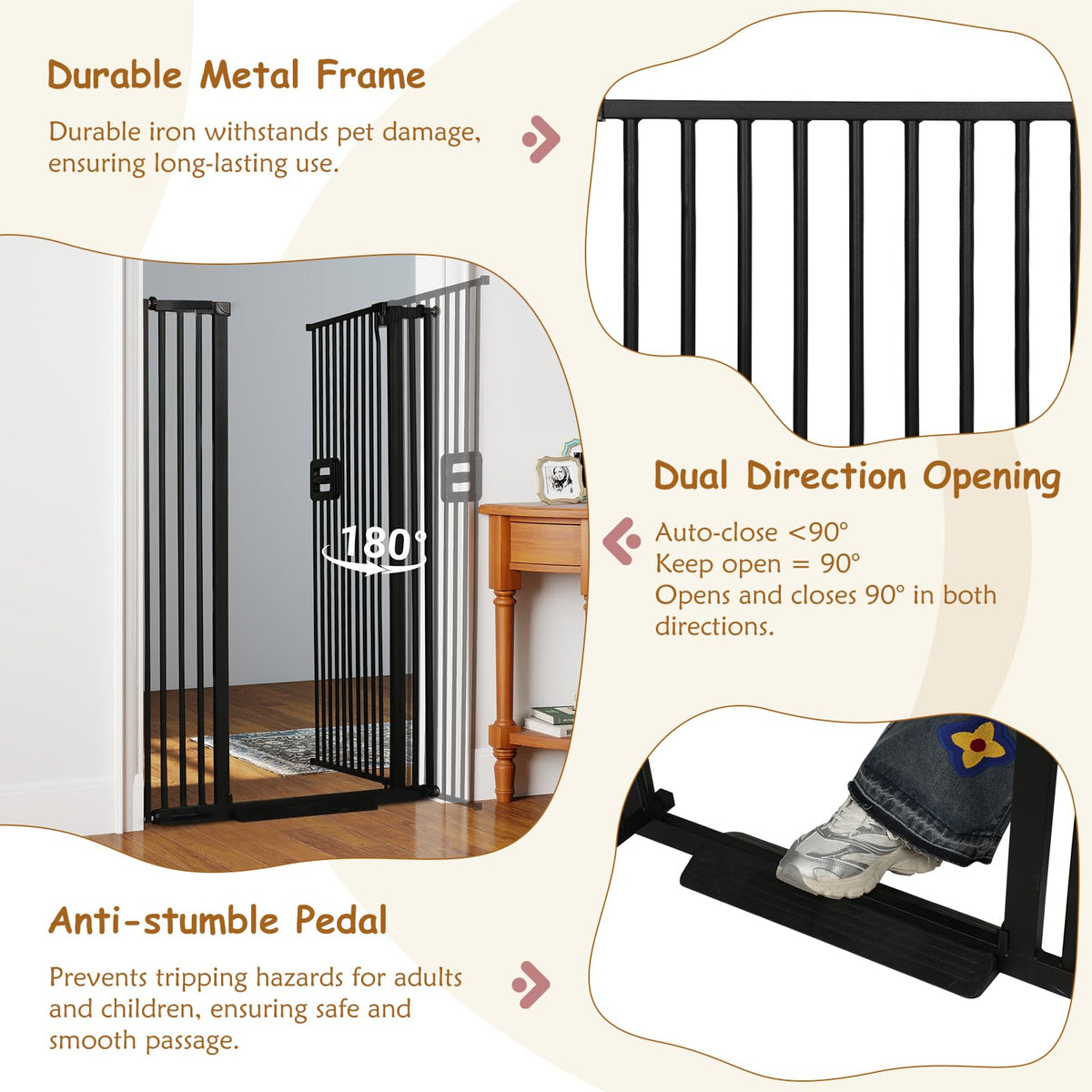 34.2-38.2" Wide Extra-Tall Full-Height Anti-Jump Cat & Pet Safety Gate with No-Drill Pressure Mount & Auto-Close Walk-Through Door