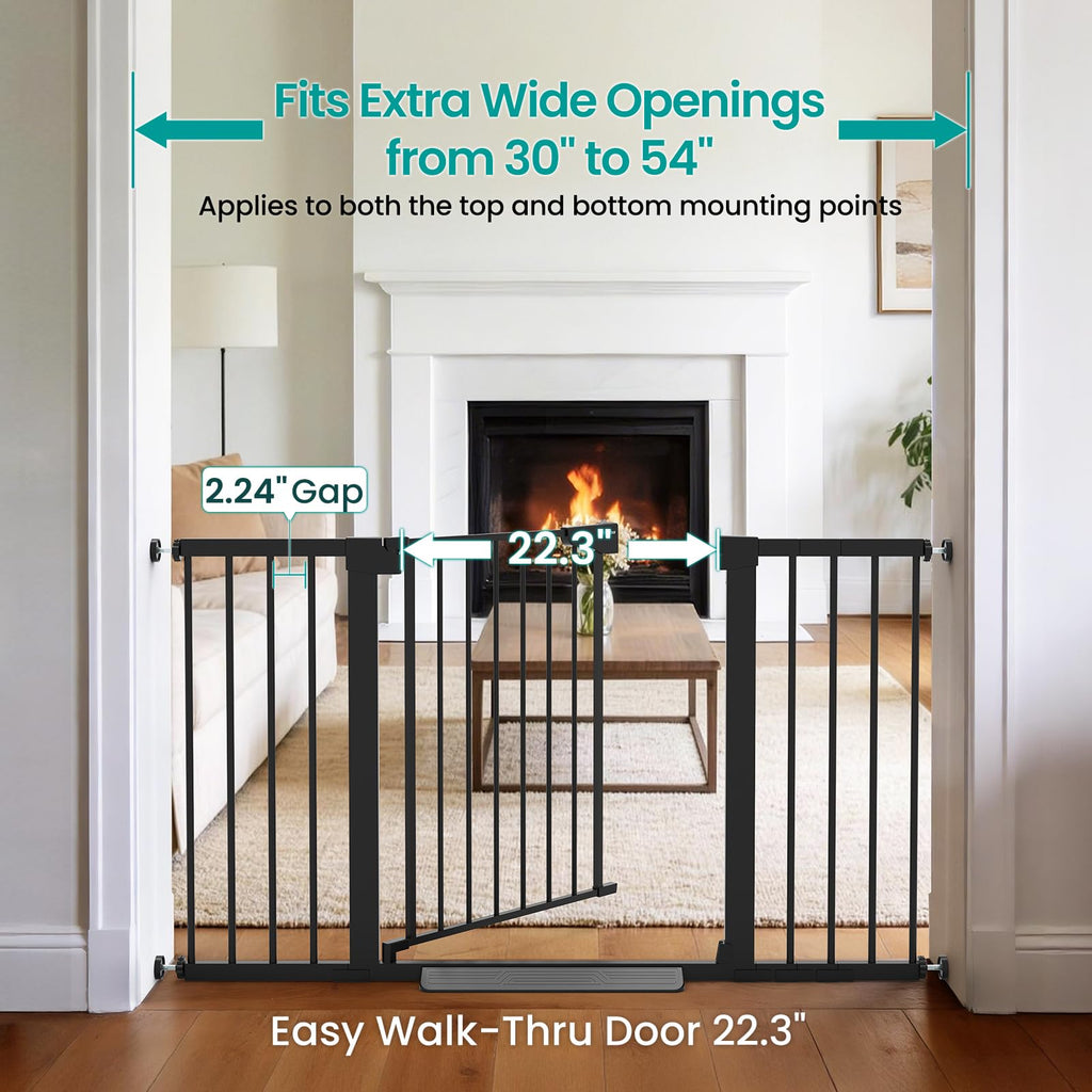 30-54" Extra-Wide Adjustable Hardware/Pressure-Mounted Pet & Child Safety Gate with Auto-Close Walk-Through Door for Stairs, Hallways & Wide Doorways — Black
