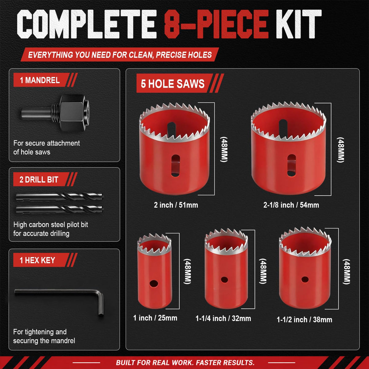 KATA 8PCS Hole Saw Kit 1"-2-1/8" Deep Cut 48mm for Wood, Plastic, Drywall