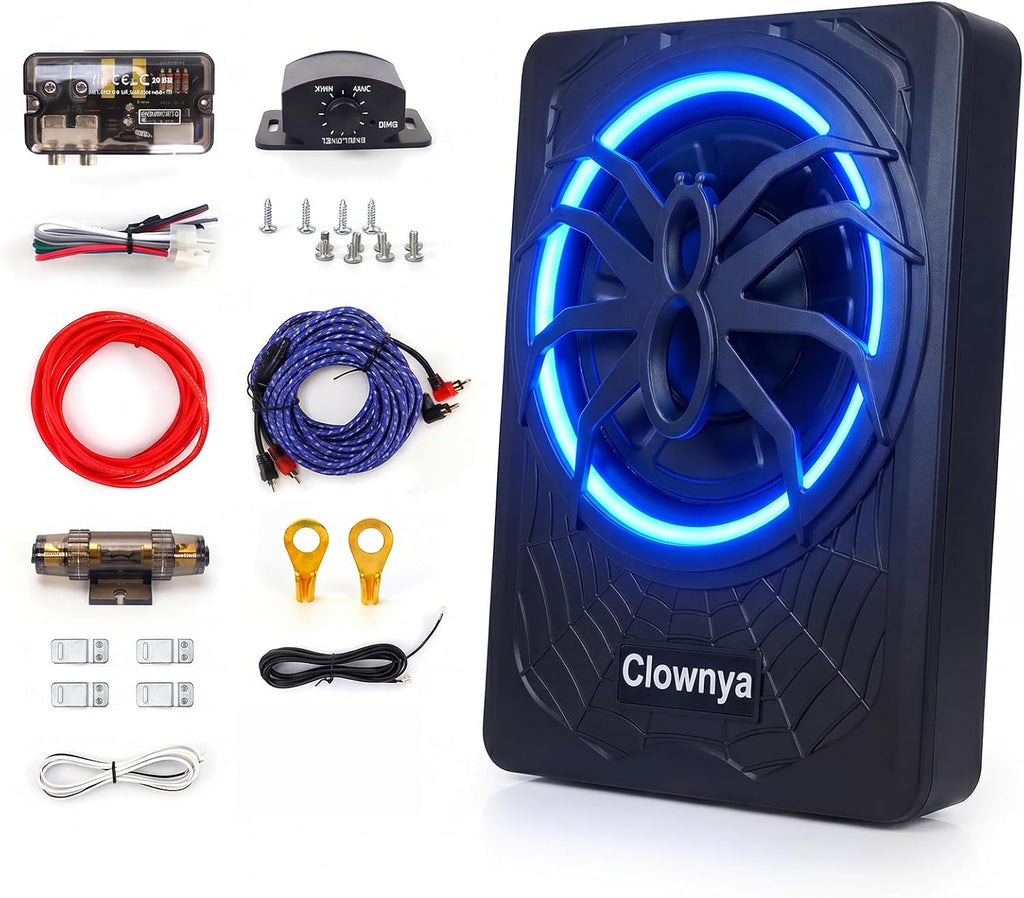 10" 1200W Slim Under-Seat Powered Car Subwoofer with Built-in Amp | Aluminum enclosure, high and low level RCA and