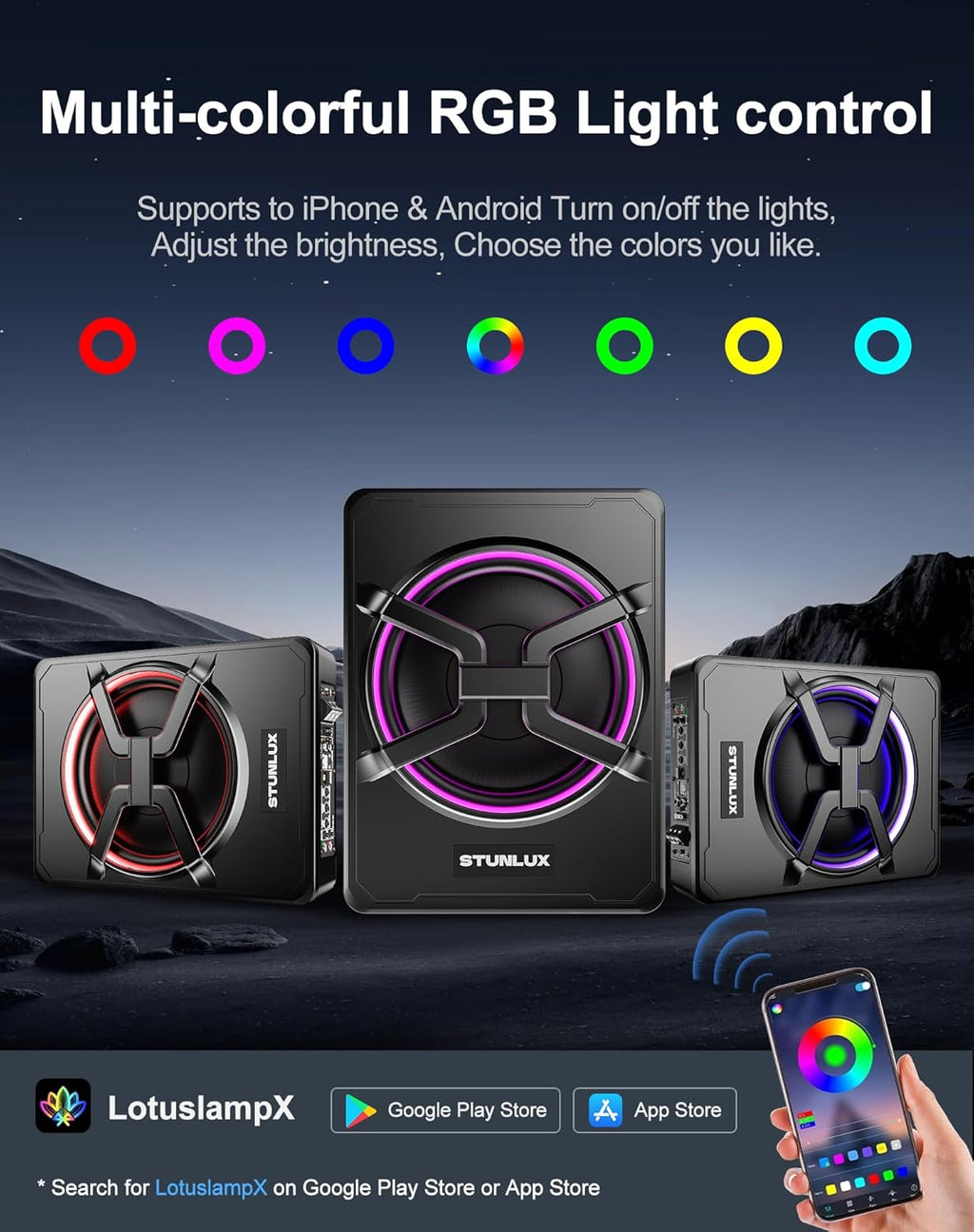 10 Inch 800W Under Seat Car Subwoofer,Full Cast Aluminum Under Seat Powered Subwoofer,Built-in Amp & APP LED Light