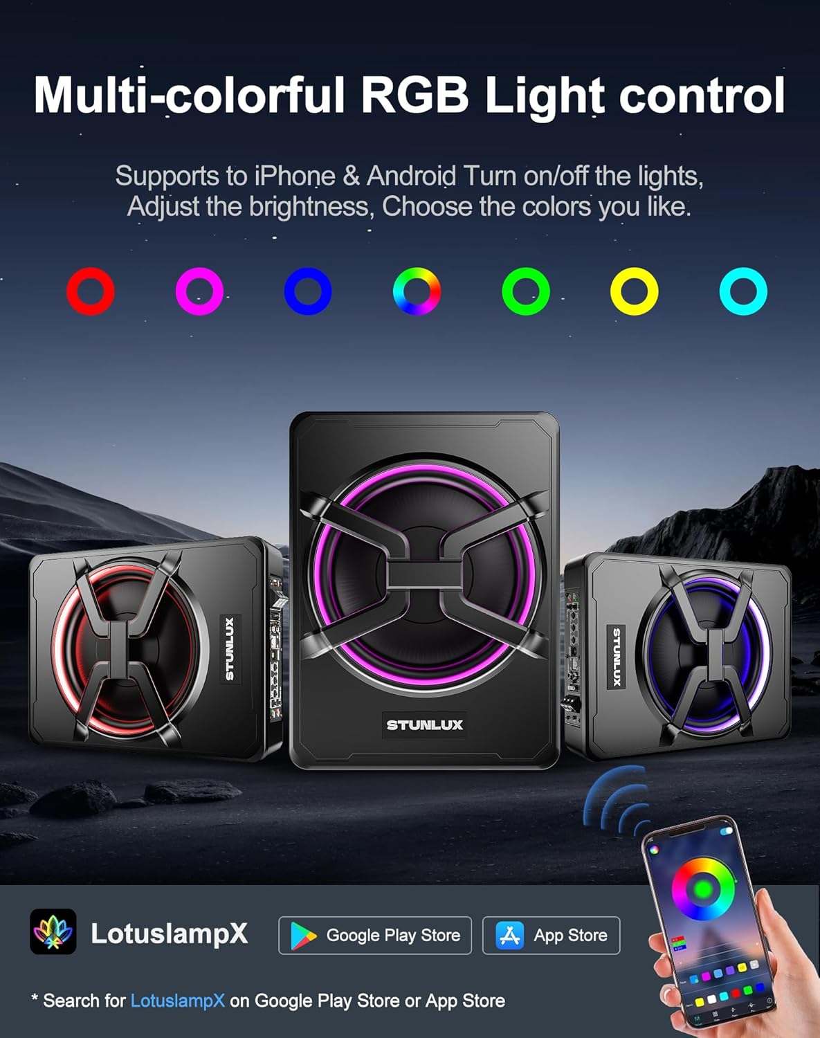 10 Inch 800W Under Seat Car Subwoofer,Full Cast Aluminum Under Seat Powered Subwoofer,Built-in Amp & APP LED Light