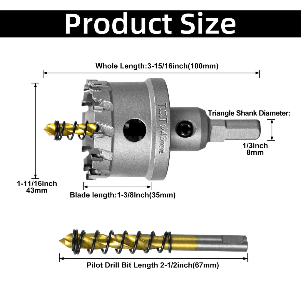 SALI 1-11/16" (43mm) TCT Hole Saw Kit Tungsten Carbide Tipped Hole Saw Drill Bit with Titanium-Plated Pilot Drill bit for Metal, Stainless Steel, Iron, Wood, Plastic