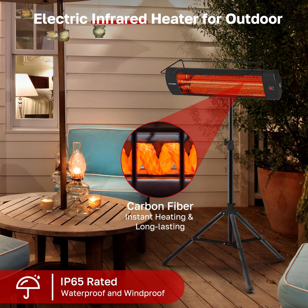 Infared Patio Heater for Outdoor with Tripod, Electric 1500W IP65 Waterproof with Remote, 3 Heating Levels & 24H