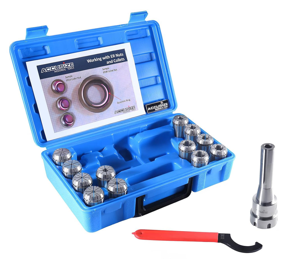 Accusize Industrial Tools 12 Pc Er-32 Collet Set Plus 1 Pc R8 Bridgeport Shank Holder and a Wrench in Fitted Box, 0223-0974