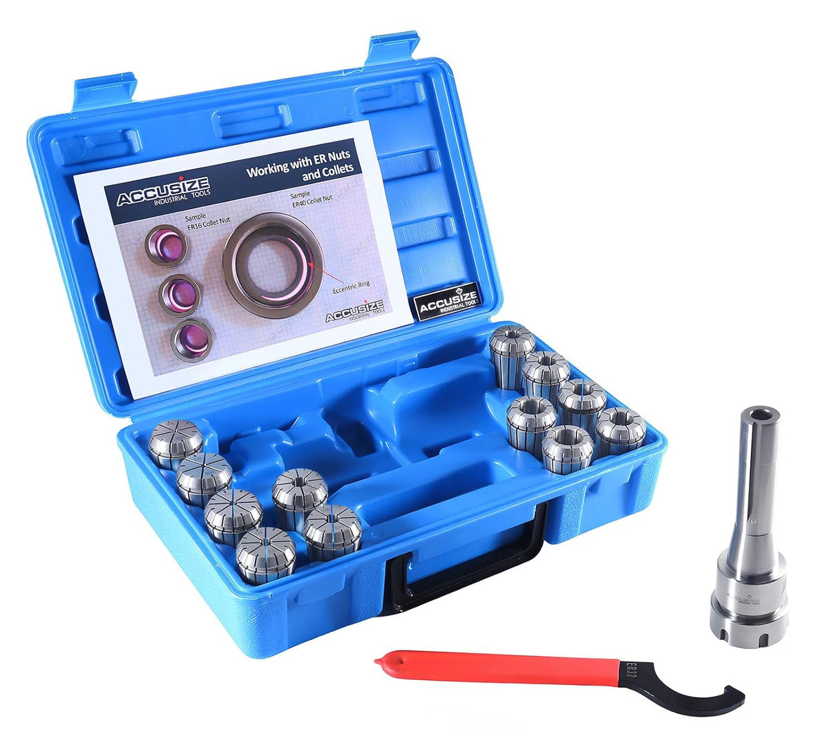 Accusize Industrial Tools 12 Pc Er-32 Collet Set Plus 1 Pc R8 Bridgeport Shank Holder and a Wrench in Fitted Box, 0223-0974