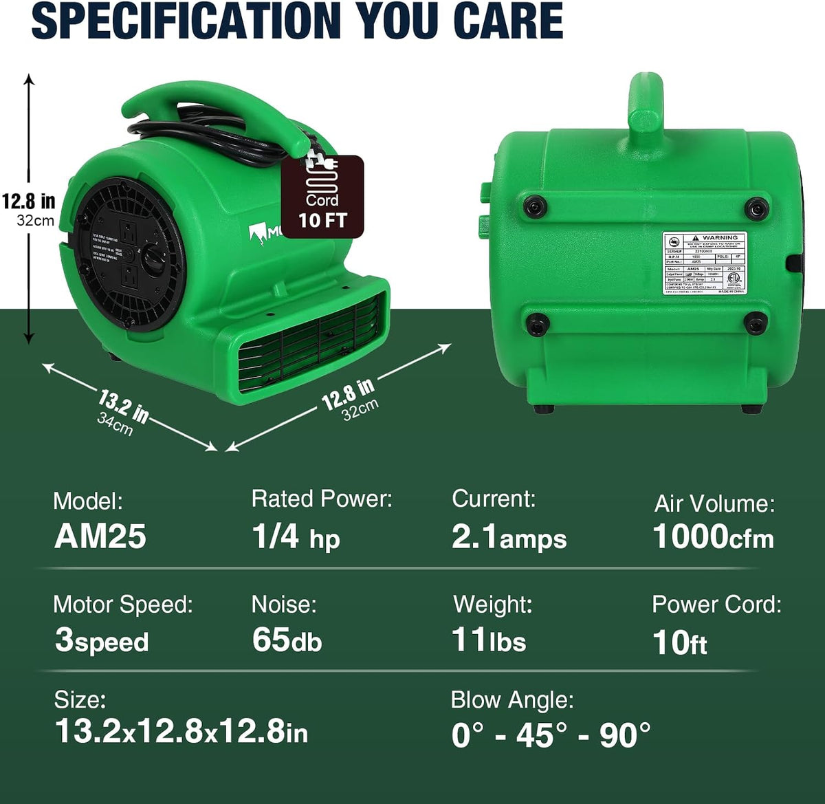 1/4hp 1000CFM 2 Speed Air Mover Carpet Dryer Floor Fan Cooling Fan (Green)