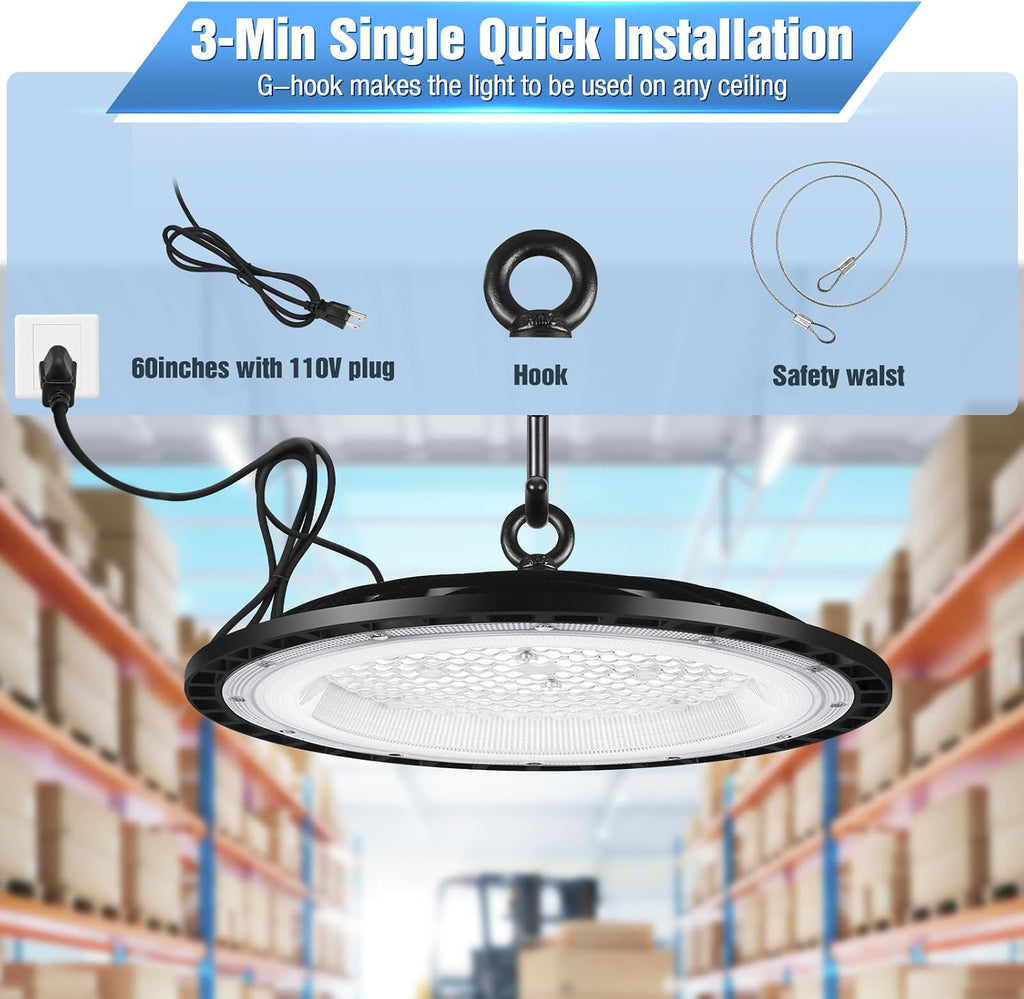 YANYCN 6 Pack 240W UFO Led High Bay Light Fixture,120VAC,40000LM,5000K Daylight Commercial Shop Bay Lighting,[1050W MH/HPS Equiv.] US Plug Area Lighting for Warehouse/Barn/Gym/Factory/Workshop