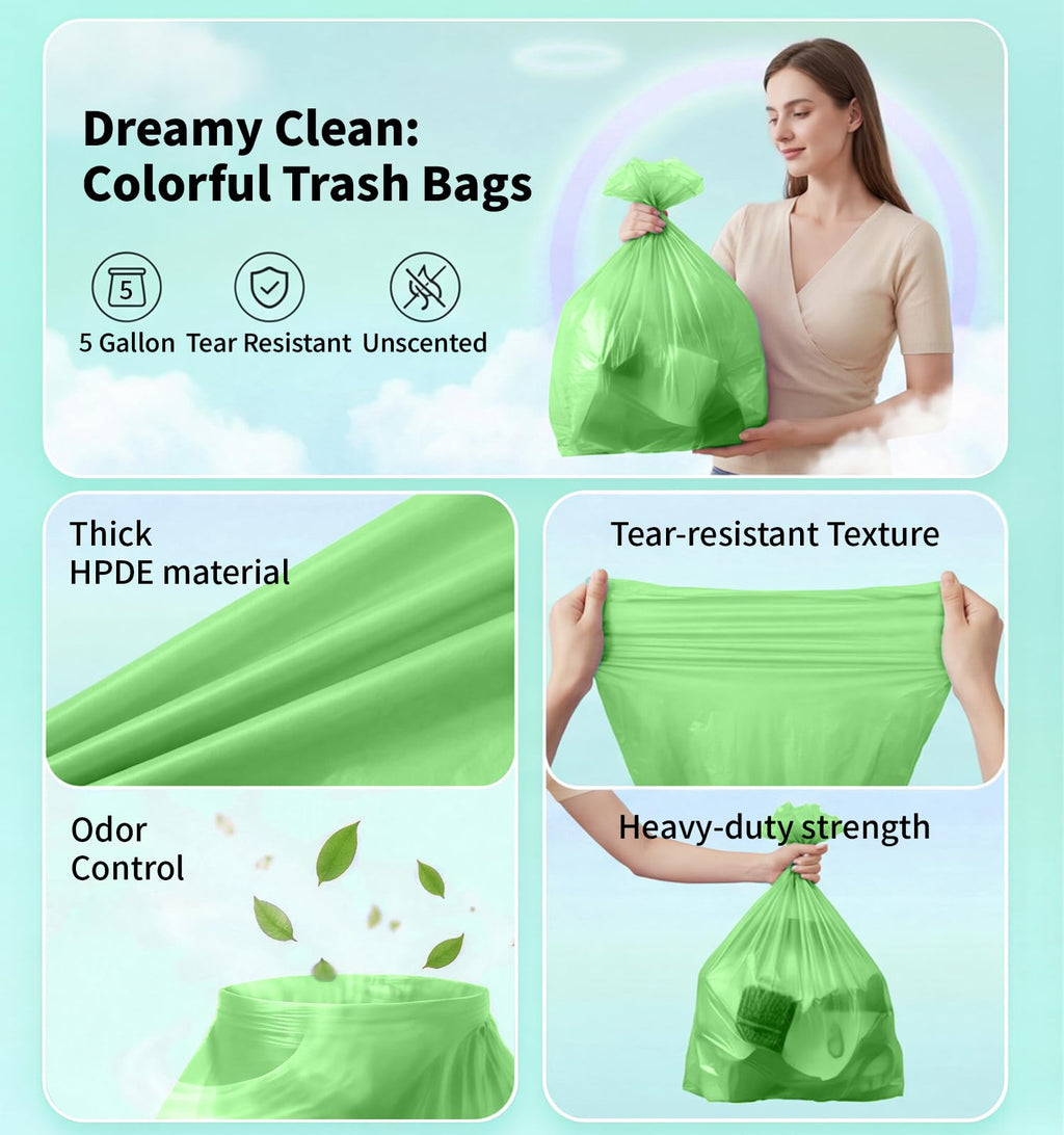 Small 5 Gallon Trash Bags Unscented, 0.94 Mil, Green, 150 Count
