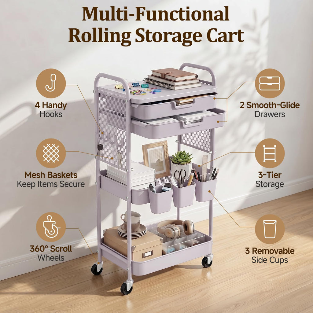 3 Tier Rolling Cart with 2 Drawers, Metal Utility Storage Carts with Wheels
