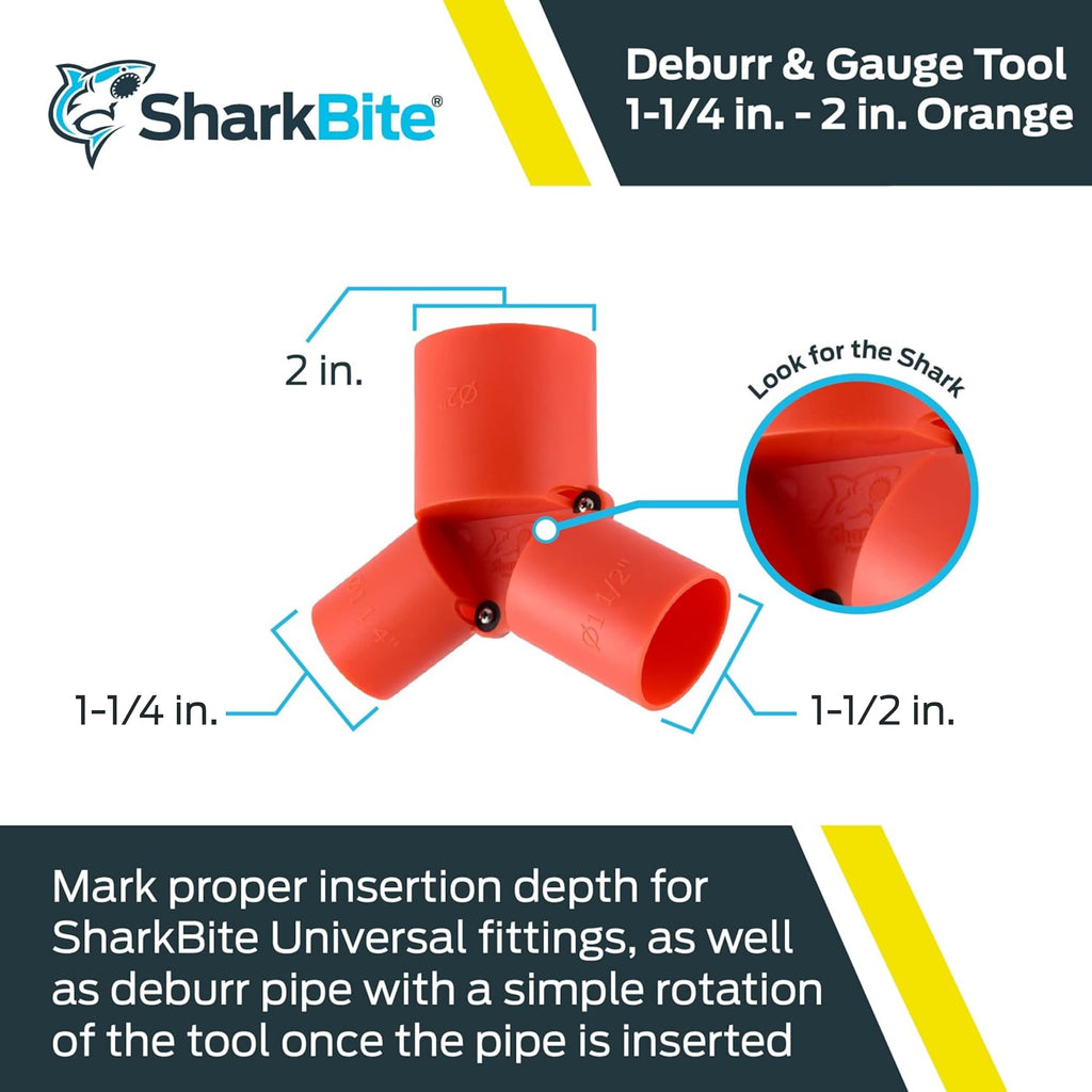 SharkBite 1-1/4 to 2 Inch Depth Gauge and Pipe Deburring Tool, Copper, PEX, CPVC, PE-RT, HDPE, UXLG03