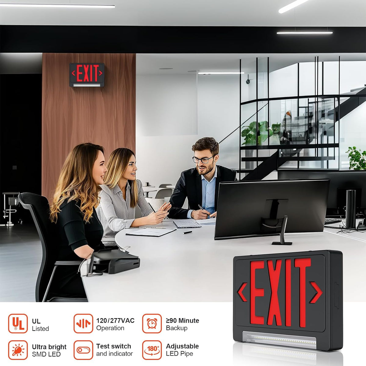 Exit Sign with Adjustable LED Pipe,Exit Signs with Emergency Lights Bar Combo, Compact Hardwired Exit Sign with Battery Backup,Black Led Emergency Exit Light,120V/277VAC,UL Listed (1 Pack)