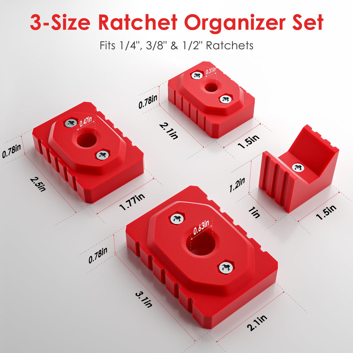 Magnetic Ratchet Organizer Kit, 1/4", 3/8", 1/2" Ratchet Holders, 3-Pack