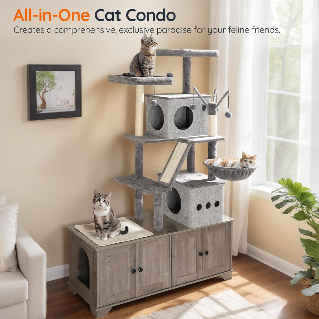 Double Litter Box Enclosure with Cat Tree, 45.3" L x 17.7" W x 68.9" H All-in-One Modern Cat Tower with Bed, Hidden