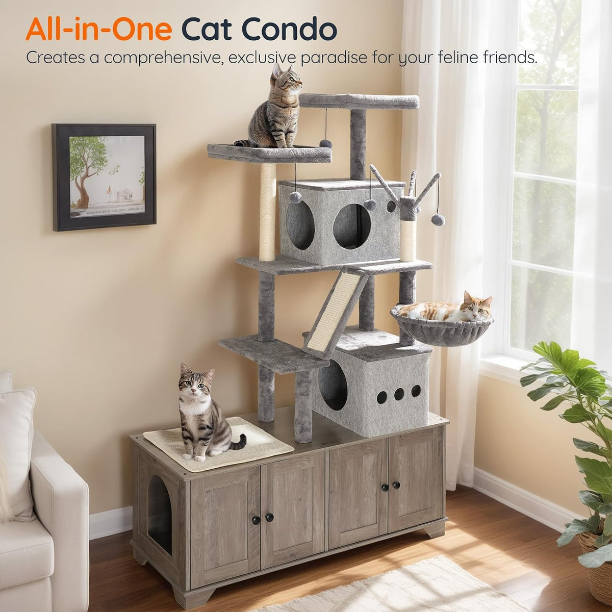 Double Litter Box Enclosure with Cat Tree, 45.3" L x 17.7" W x 68.9" H All-in-One Modern Cat Tower with Bed, Hidden