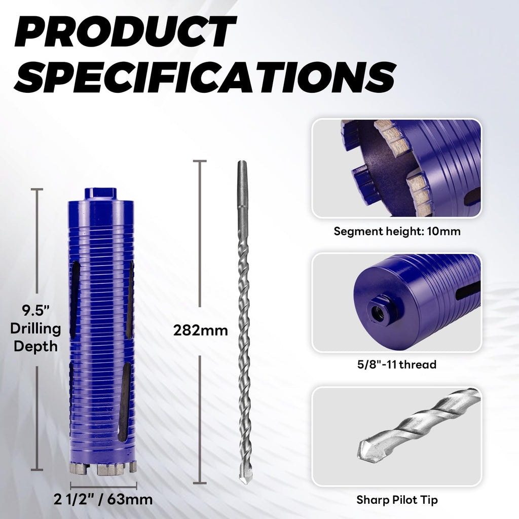 DaduoRi 2-1/2" Core Drill Bit with Pilot Bit & Adapters(SDS Plus and 1/2" Hex), 5/8"-11 Thread, 9.5" Depth, Upgraded-Welded Segments Diamond Core Bits for Concrete, Masonry, Brick Block