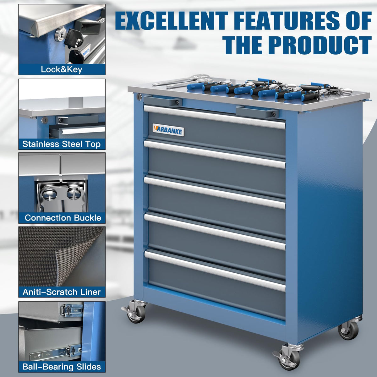 Rolling Tool Chest Combination,5-Drawer & 8-Drawer Tool Chest