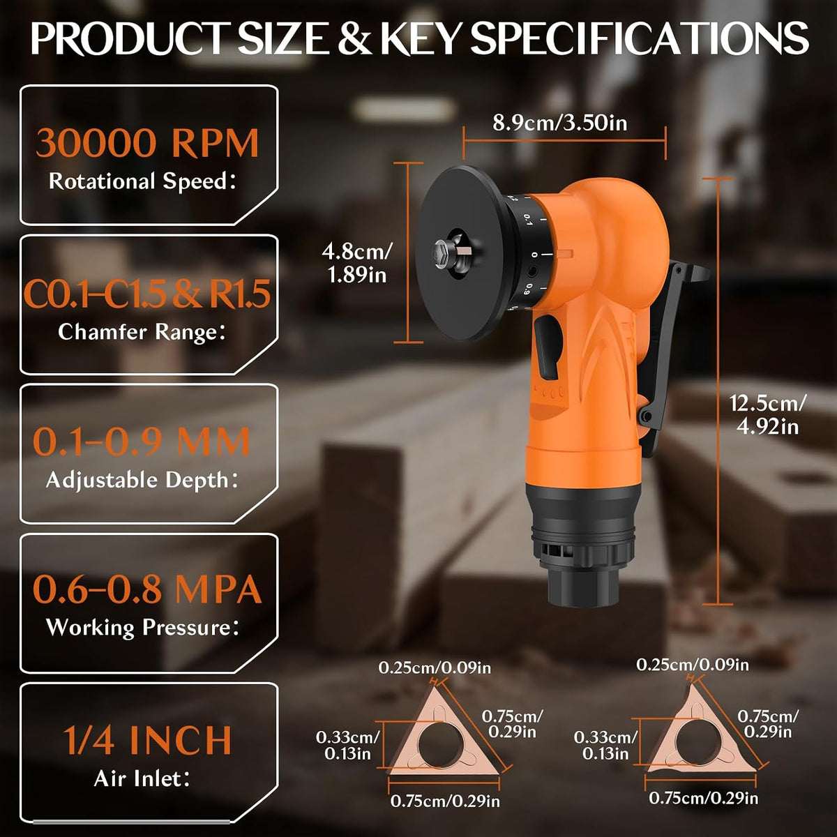 Pneumatic Chamfer Tool, 6 C & 6 R Angle Blades, 30000 RPM- Orange